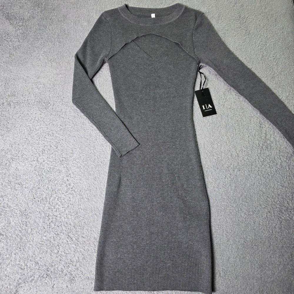 Icon Apparel Womens Medium Bodycon Dress Gray Ribbed Long Sleeve Cutout D3501